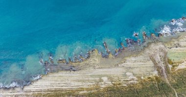An aerial view of the Caspian Sea coast with rocks, Feb. 14, 2026. (Shutterstock Photo)