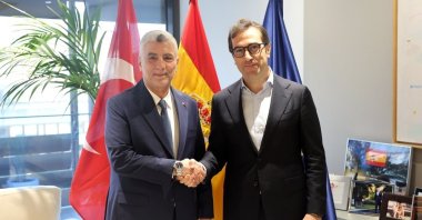 Trade Minister Ömer Bolat shakes hands with Spanish Economy, Trade, and Business Minister Carlos Cuerpo, Madrid, Spain, Aug. 5, 2026. (IHA Photo)