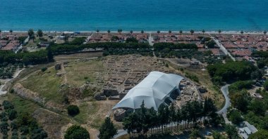 An aerial view of the Kadıkalesi excavation site in the Kuşadası district of Aydın, western Türkiye, Aug. 5, 2026. (IHA Photo)