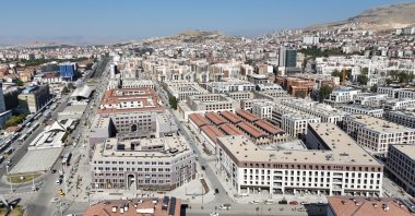 An aerial view of Malatya's rebuilt New Bazaar, where reconstruction is largely complete and businesses are gradually reopening, Malatya, Türkiye, Aug. 6, 2026. (IHA Photo)