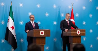 Foreign Minister Hakan Fidan (R) speaks at the joint news conference with Syrian Foreign Minister Asaad Hassan al-Shaibani, Ankara, Türkiye, Aug. 6, 2026. (AA Photo)