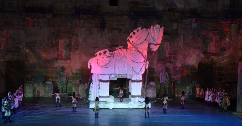 Fire of Anatolia performs "Troy" at the ancient theater of Aspendos, Antalya, southern Türkiye, Aug. 4, 2026. (DHA Photo)