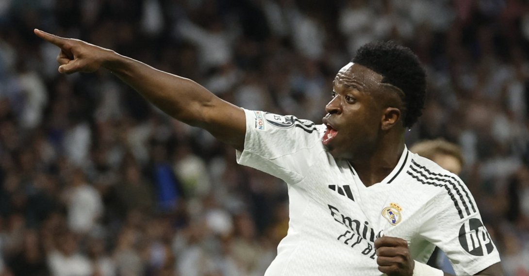 Real Madrid's Brazilian forward Vinicius Junior celebrates scoring his team's first goal during the UEFA Champions League quarterfinal second-leg football match between Real Madrid CF and Arsenal at Santiago Bernabeu Stadium in Madrid, Spain, April 16, 2025. (AFP Photo)