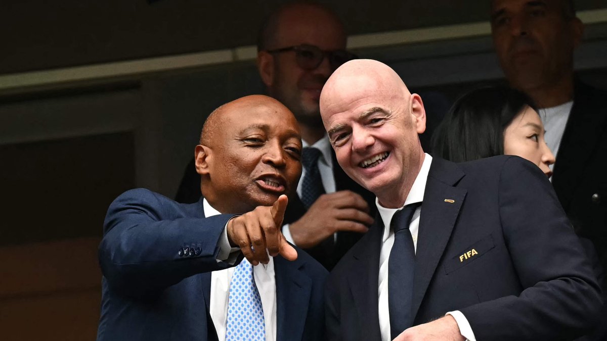 Confederation of African Football (CAF) President Patrice Motsepe (L) points out as he talks with FIFA President Gianni Infantino (R) ahead of the 2026 World Cup round of 16 football match between Canada and Morocco at the Houston Stadium, Houston, U.S., July 4, 2026. (AFP Photo)