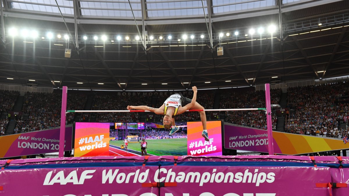 Germany's Mateusz Przybylko hits down the bar during an attempt in the high jump at the IAAF London 2017 World Athletics Championships, London, U.K., Aug. 13, 2017. (Getty Images Photo)