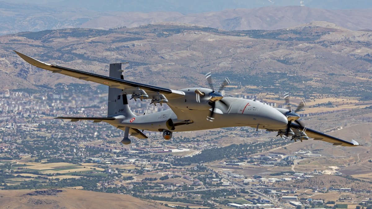 Türkiye's Bayraktar Akıncı combat drone is seen in the air above Elazığ province, eastern Türkiye, June 29, 2026. (AA Photo)