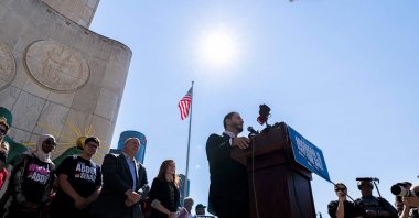 Michigan Democratic Senate primary winner Abdul El-Sayed speaks during a press conference in front of the Spirit of Detroit statue, Michigan, U.S., Aug. 5, 2026. (AFP Photo)
