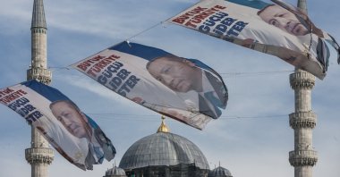 Flags featuring President Recep Tayyip Erdoğan, the presidential candidate of the Justice and Development Party (AK Party), Istanbul, Türkiye, June 19, 2018. (Getty Images Photo)