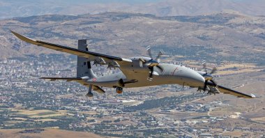 Türkiye's Bayraktar Akıncı combat drone is seen in the air above Elazığ province, eastern Türkiye, June 29, 2026. (AA Photo)