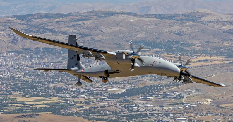 Türkiye's Bayraktar Akıncı combat drone is seen in the air above Elazığ province, eastern Türkiye, June 29, 2026. (AA Photo)