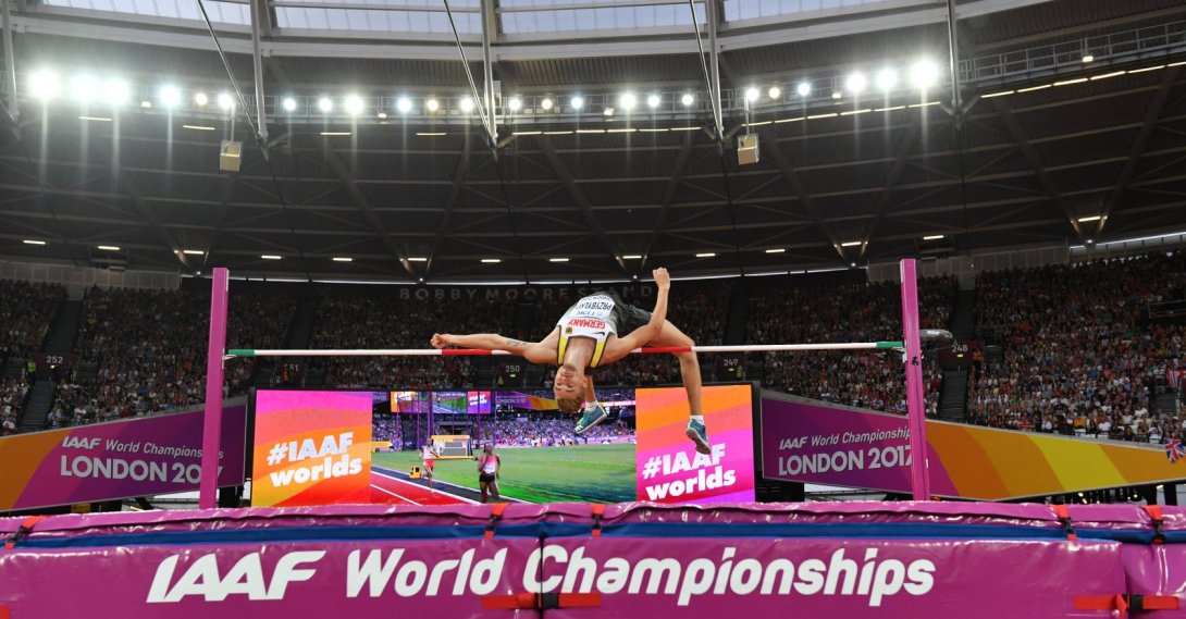 Germany's Mateusz Przybylko hits down the bar during an attempt in the high jump at the IAAF London 2017 World Athletics Championships, London, U.K., Aug. 13, 2017. (Getty Images Photo)