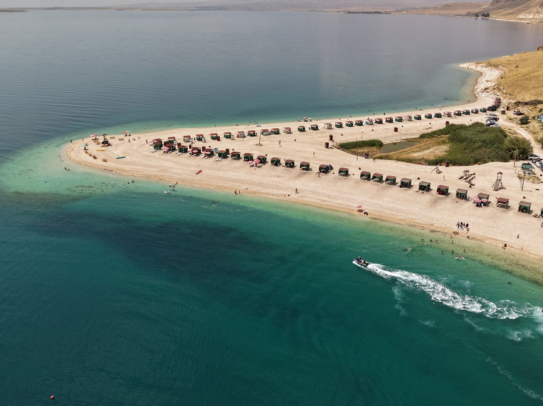 An aerial view of Çakıl Island on Lake Van in Erciş district of Van province, eastern Türkiye, Aug. 5, 2026. (AA Photo)