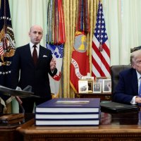 White House Deputy Chief of Staff Stephen Miller speaks while U.S. President Donald Trump and U.S. Secretary of Commerce Howard Lutnick listen during an event to sign executive orders related to birthright citizenship and the polysilicon industry, in the Oval Office at the White House, Washington, U.S., Aug. 6, 2026. (Reuters Photo)