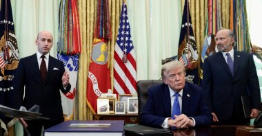 White House Deputy Chief of Staff Stephen Miller speaks while U.S. President Donald Trump and U.S. Secretary of Commerce Howard Lutnick listen during an event to sign executive orders related to birthright citizenship and the polysilicon industry, in the Oval Office at the White House, Washington, U.S., Aug. 6, 2026. (Reuters Photo)