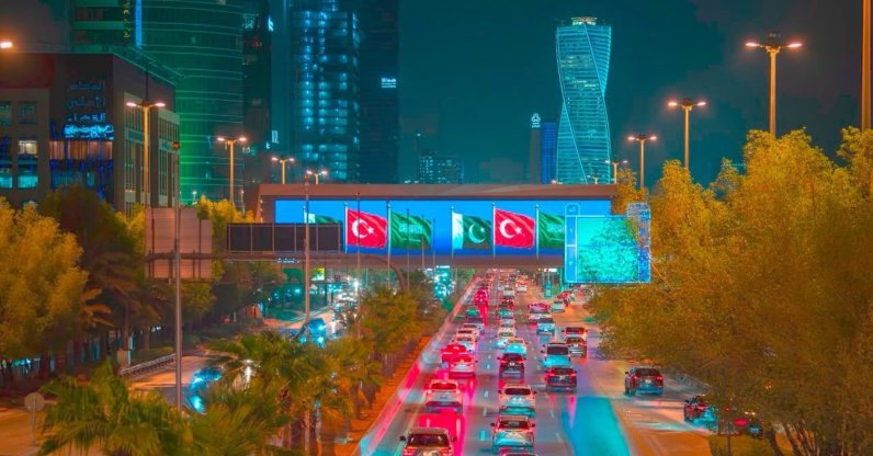 An overpass above the King Fahd Road displays the Pakistani, Turkish, and Saudi flags after the signing of a landmark defense agreement in Riyadh, Saudi Arabia, Aug. 7, 2026. (Courtesy of SPA)