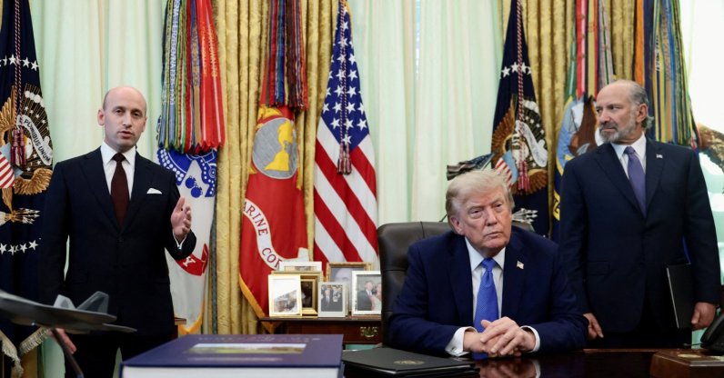 White House Deputy Chief of Staff Stephen Miller speaks while U.S. President Donald Trump and U.S. Secretary of Commerce Howard Lutnick listen during an event to sign executive orders related to birthright citizenship and the polysilicon industry, in the Oval Office at the White House, Washington, U.S., Aug. 6, 2026. (Reuters Photo)