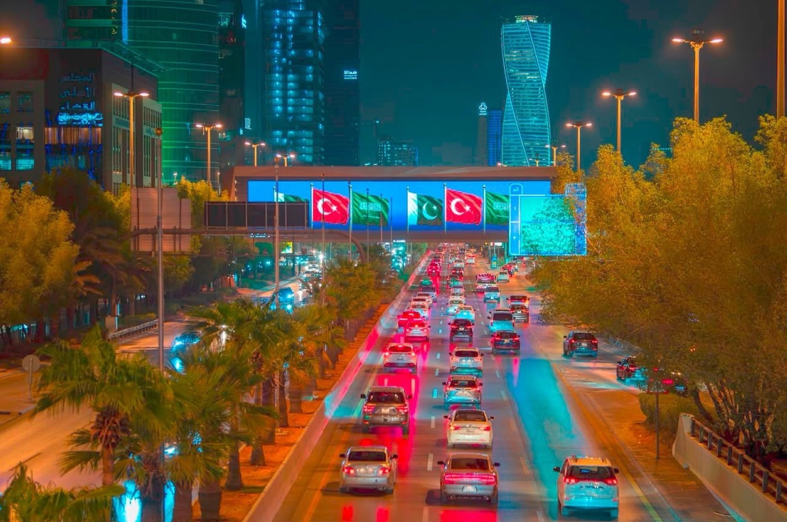 An overpass above the King Fahd Road displays the Pakistani, Turkish, and Saudi flags after the signing of a landmark defense agreement in Riyadh, Saudi Arabia, Aug. 7, 2026. (Courtesy of SPA)