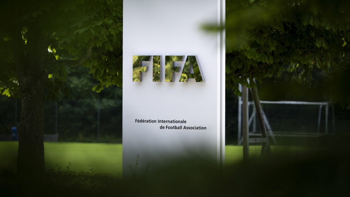 The FIFA logo is seen at the Home of FIFA in Zurich, Switzerland, Aug. 6, 2026. (EPA Photo)