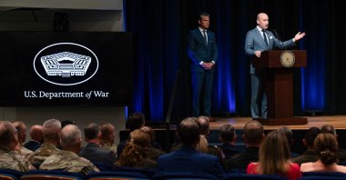 U.S. White House Deputy Chief of Staff Stephen Miller (R) speaks alongside U.S. Secretary of Defense Pete Hegseth (L), Washington, U.S., July 27, 2026. (AFP Photo)