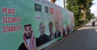 A billboard featuring (L-R) Saudi Crown Prince Mohammed bin Salman, Pakistan Prime Minister Shahbaz Sharif, Pakistan's Chief of Army Staff Syed Asim Munir and President Recep Tayyip Erdoğan is displayed on a road, Islamabad, Pakistan, Aug. 8, 2026. (EPA Photo)