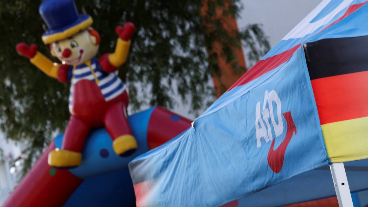 A logo of the Alternative for Germany (AfD) party at a stall during the party's campaign kick-off event ahead of the Mecklenburg-Western Pomerania state election, in Stralsund, Germany, Aug. 8, 2026. (Reuters Photo)