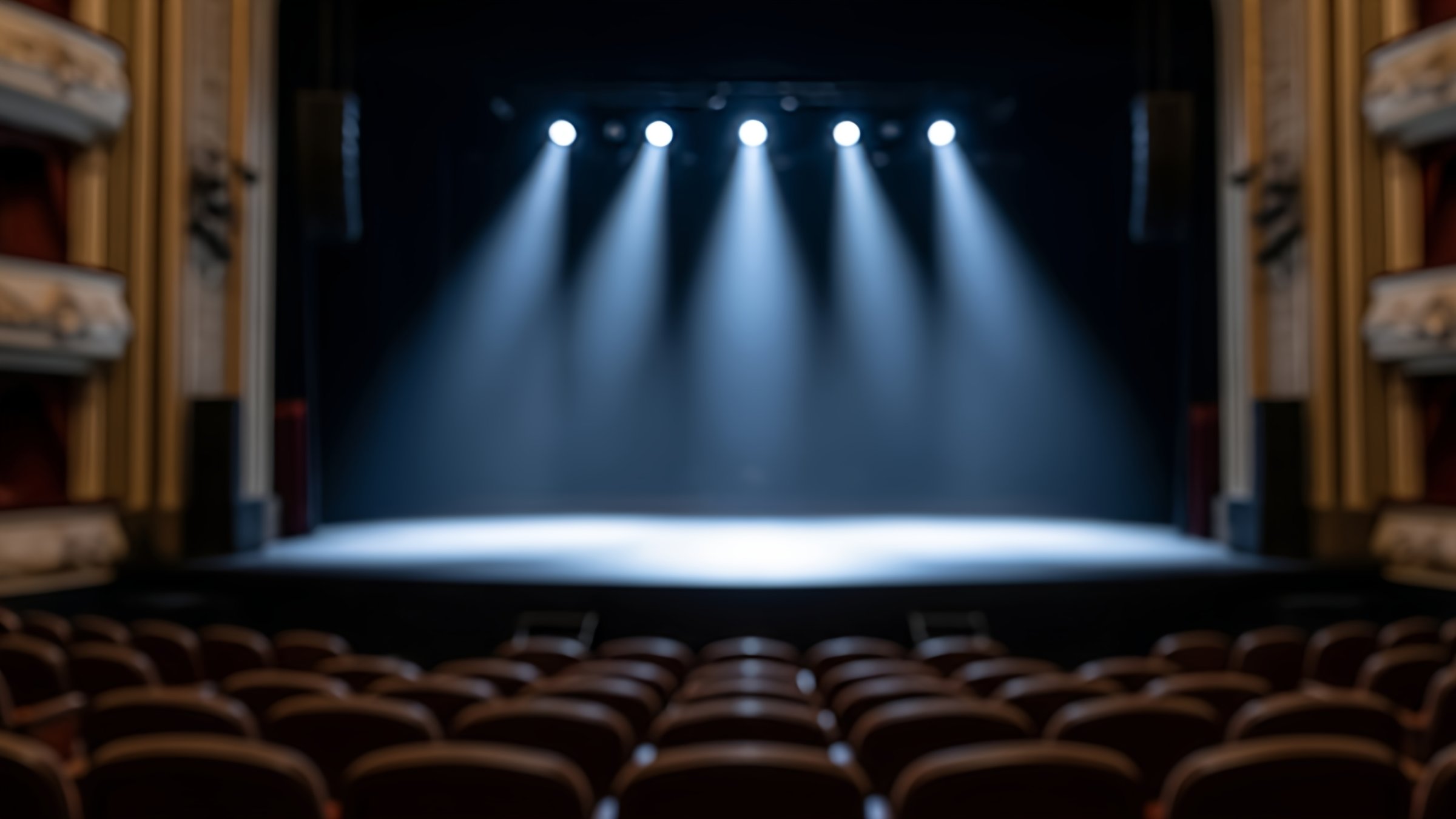 Empty theater stage with spotlights illuminating the center, rows of unoccupied seats visible in the foreground. (Shutterstock Photo)