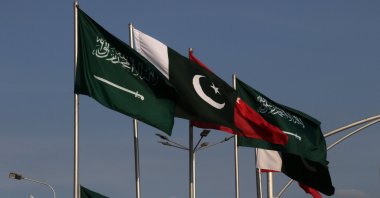 National flags of Türkiye, Saudi Arabia and Pakistan are displayed outside the parliament house, Islamabad, Pakistan, August 8, 2026. (EPA Photo)