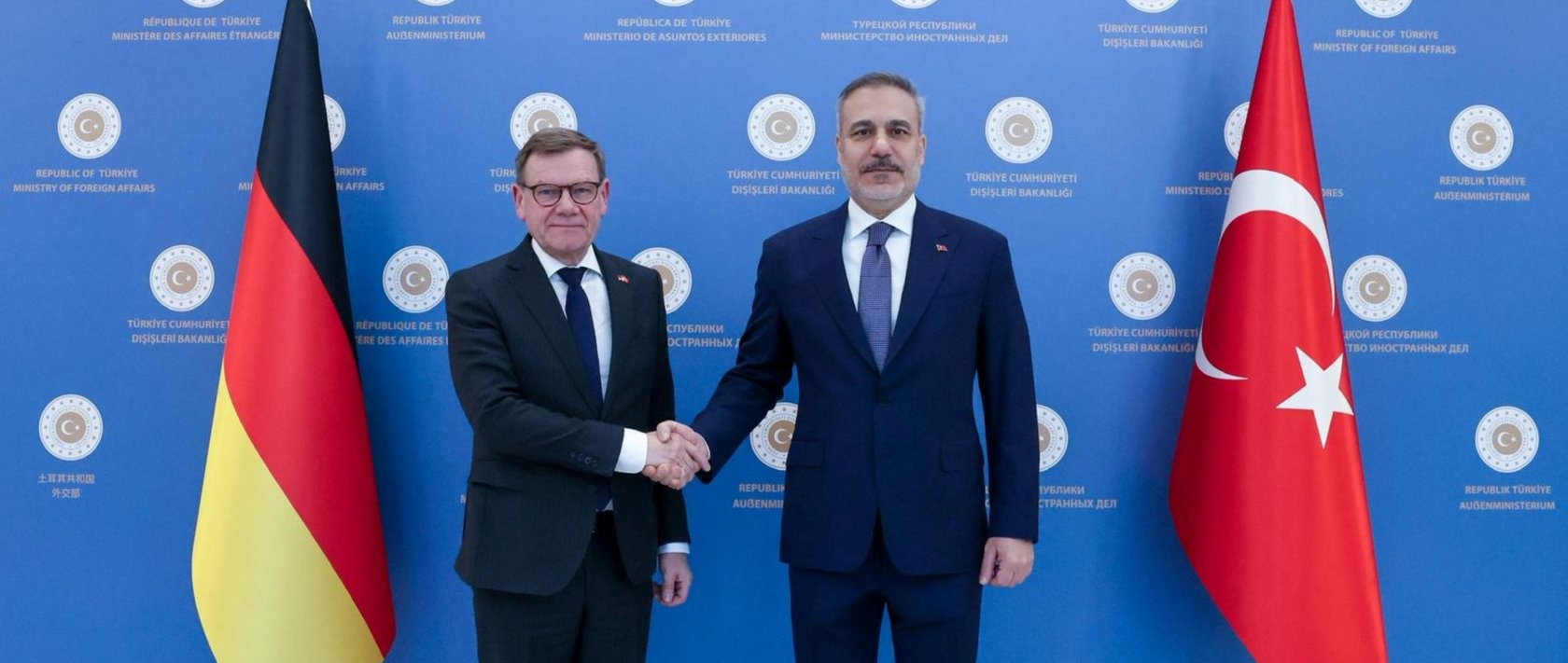 Foreign Minister Hakan Fidan shakes hands with German Foreign Minister Johann Wadephul, Ankara, Türkiye, March 12, 2026. (AA Photo)