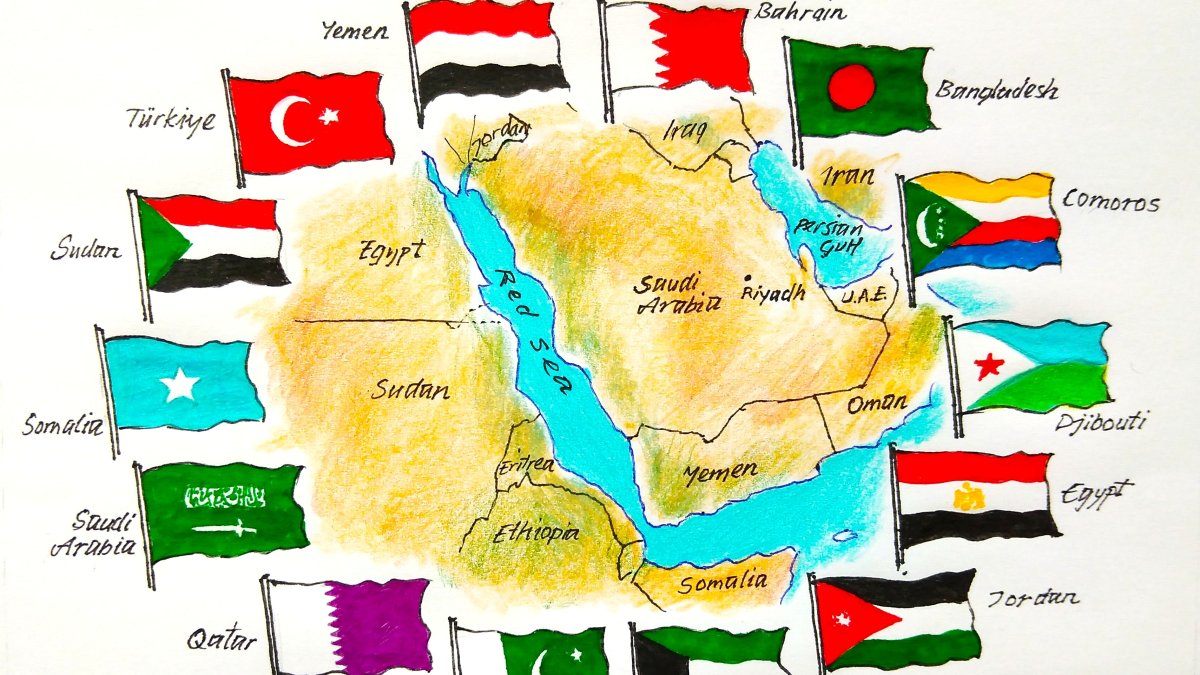 "On July 30, 14 states gathered in Riyadh to sign the founding declaration of the Multinational Maritime Defense Alliance." (Illustration by Erhan Yalvaç)