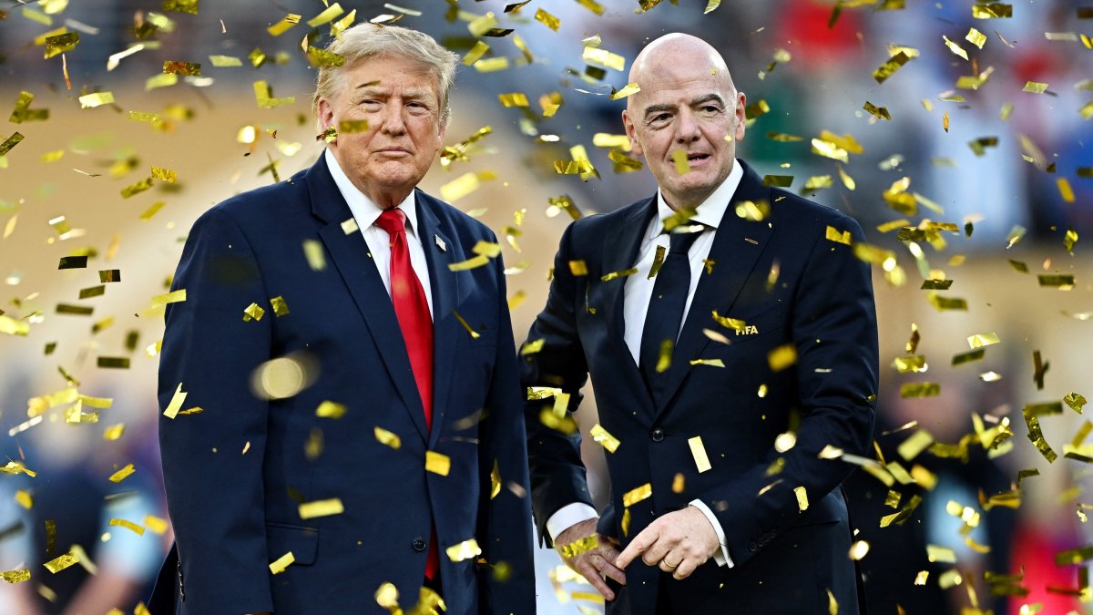 U.S. President Donald Trump (L) and FIFA President Gianni Infantino during the 2026 FIFA World Cup trophy presentation after the final match between Spain and Argentina at New York/New Jersey Stadium, East Rutherford, U.S., July 19, 2026. (Reuters Photo)