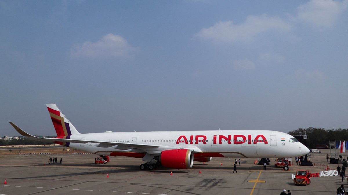 An Air India Airbus A350 aeroplane is displayed at Wings India 2024 aviation at Begumpet airport, Hyderabad, India, Jan. 18, 2024. (Reuters Photo)