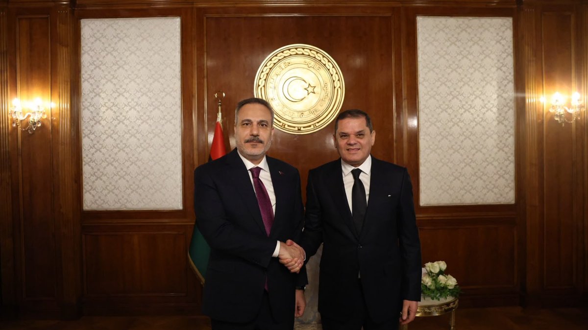 FM Hakan Fidan meets with Prime Minister Abdul Hamid Dbeibah in the Libyan capital, Tripoli, Aug. 11, 2026. (AA Photo)