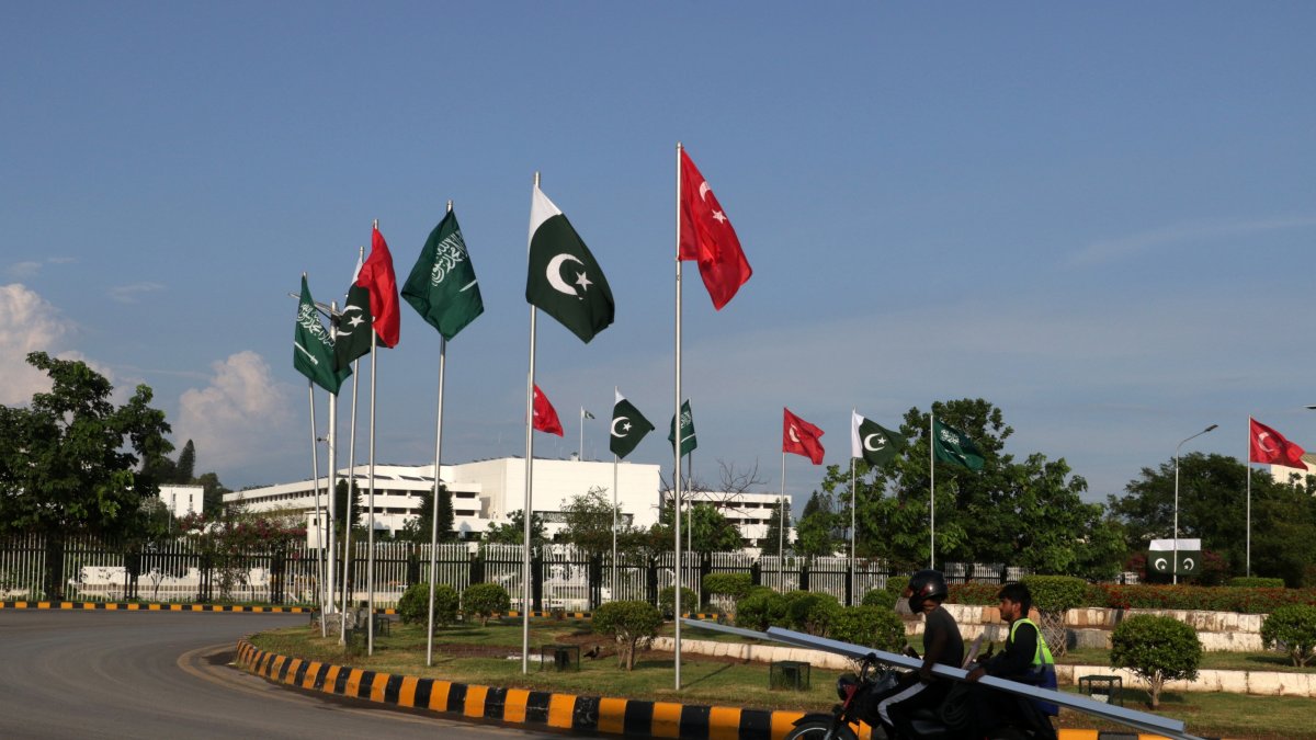 National flags of Pakistan, Saudi Arabia and Türkiye are displayed outside the parliament house in Islamabad, Pakistan, Aug. 2026. (EPA Photo)