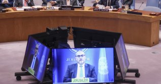 Permanent Observer of the State of Palestine to the United Nations, Riyad Mansour (R, top), addresses a Security Council meeting at the United Nations headquarters in New York, July 28, 2026. (EPA Photo)