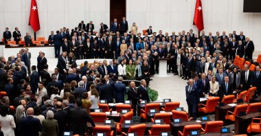 Lawmakers pose for a photo as they end the last session of the legislative term, Ankara, Türkiye, Aug. 11, 2026. (AA Photo)