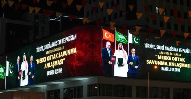 Visuals prepared by the Directorate of Communications to mark the Mecca Joint Defense Agreement are displayed on landmark structures, Istanbul, Türkiye, Aug. 10, 2026. (DHA Photo)