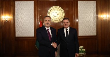 FM Hakan Fidan meets with Prime Minister Abdul Hamid Dbeibah in the Libyan capital, Tripoli, Aug. 11, 2026. (AA Photo)