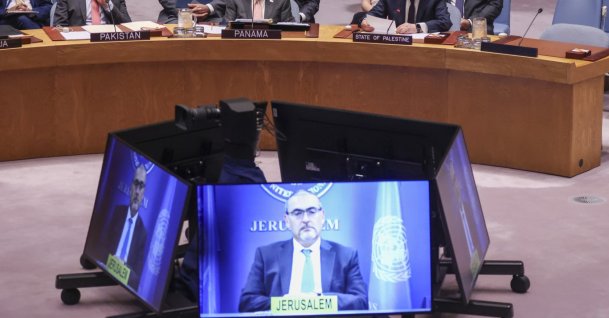 Permanent Observer of the State of Palestine to the United Nations, Riyad Mansour (R, top), addresses a Security Council meeting at the United Nations headquarters in New York, July 28, 2026. (EPA Photo)