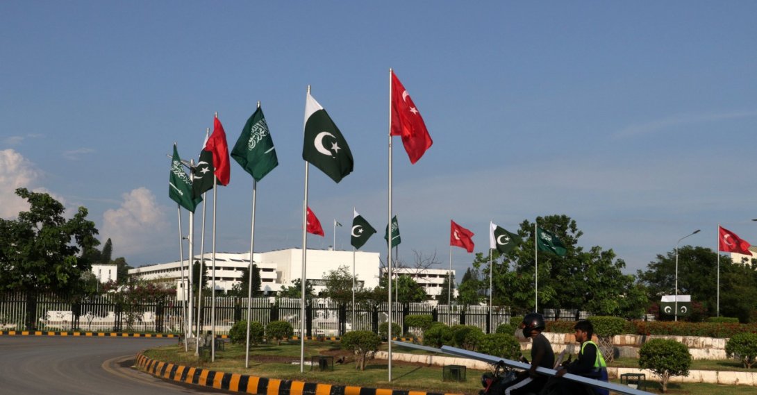 National flags of Pakistan, Saudi Arabia and Türkiye are displayed outside the parliament house in Islamabad, Pakistan, Aug. 2026. (EPA Photo)