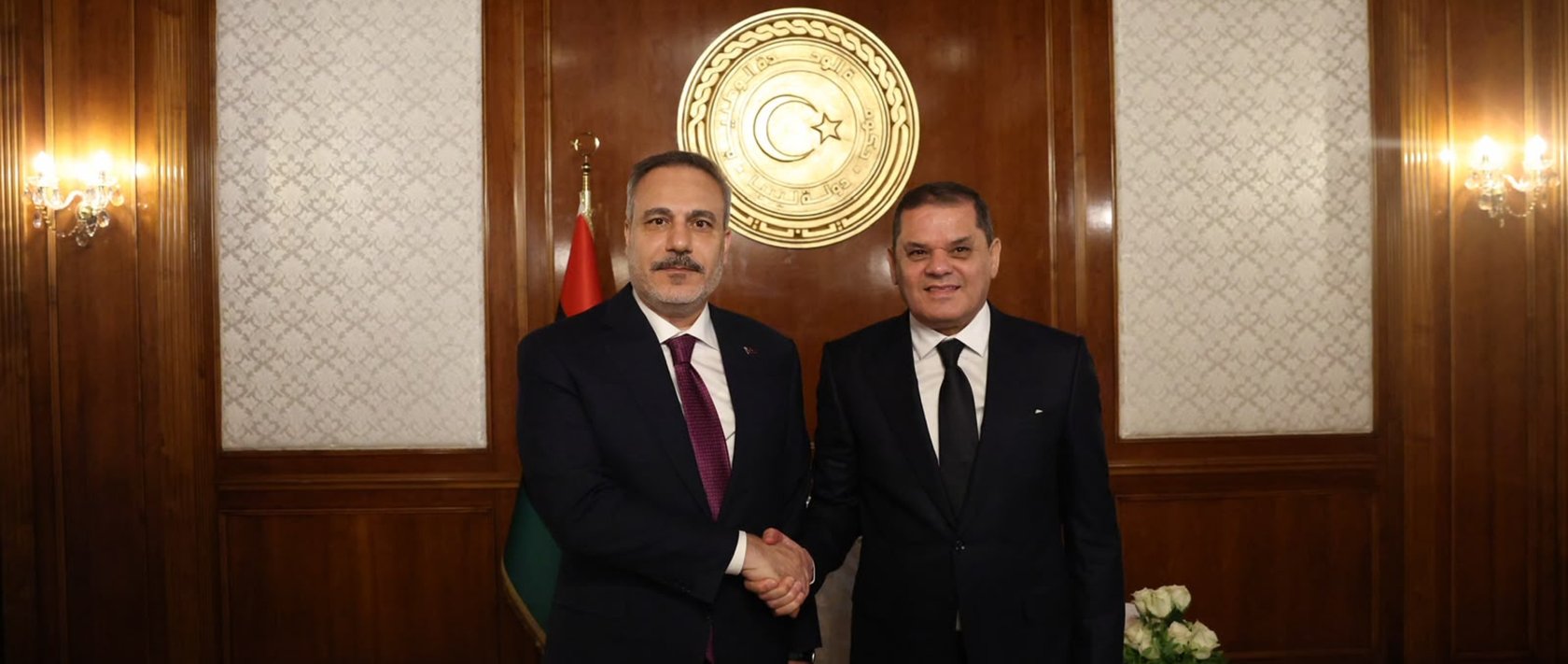 FM Hakan Fidan meets with Prime Minister Abdul Hamid Dbeibah in the Libyan capital, Tripoli, Aug. 11, 2026. (AA Photo)