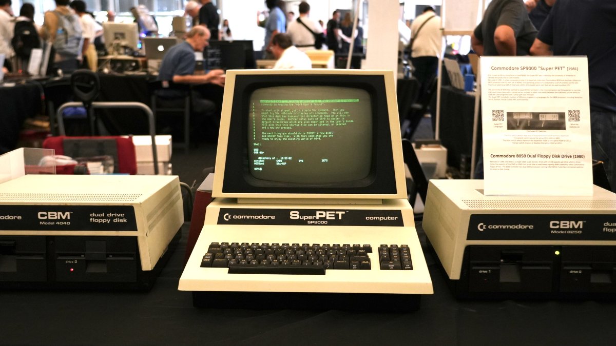 A 1981 Commodore SP9000 “Super PET” computer and floppy disk drives are displayed at the Vintage Computer Festival in Mountain View, California, U.S., Aug. 2, 2026.  (AP Photo)