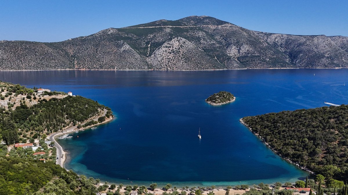 An aerial view of Dexa Beach on the island of Ithaca, where legend holds that Odysseus landed upon finally returning home, Greece, Aug. 3, 2026. (AFP Photo)