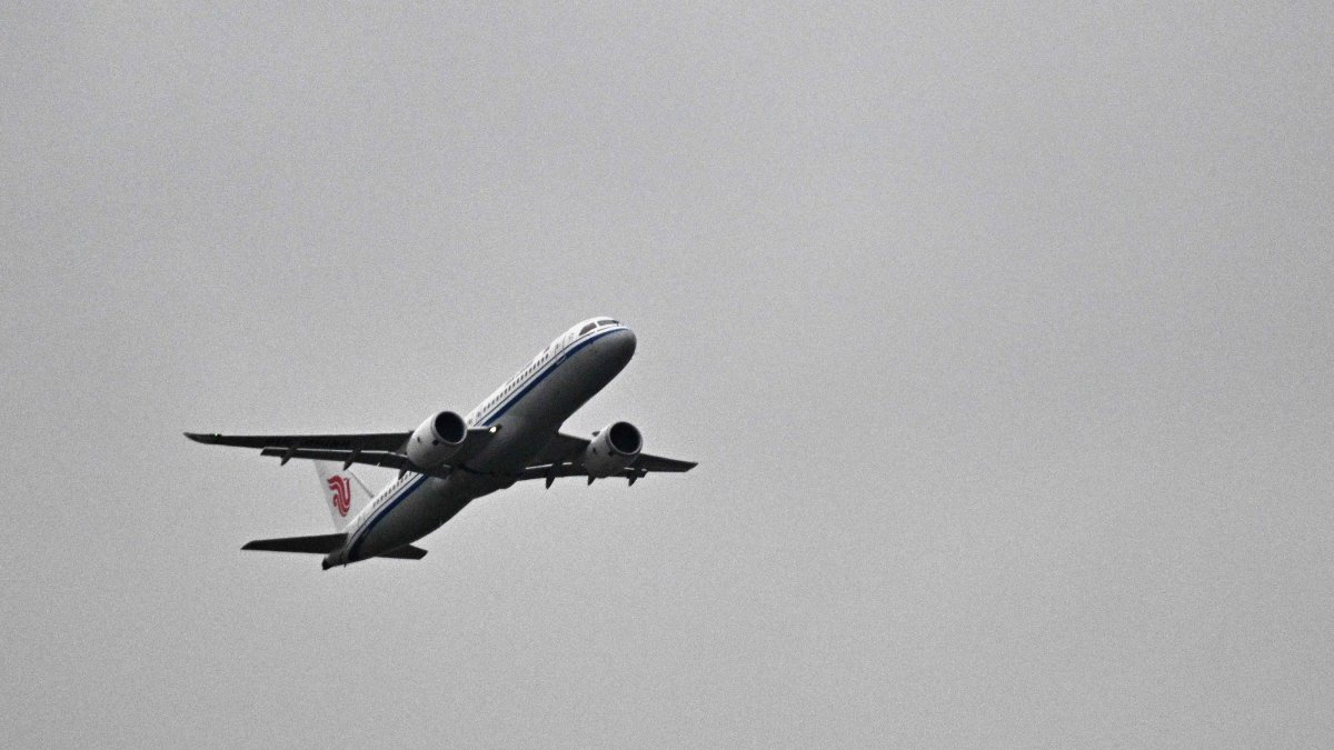 A Chinese-made Commercial Aircraft Corporation of China (COMAC) C919 passenger jet, flight CA723 operated by Air China, takes off from Beijing Capital International Airport bound for Ulaanbaatar, Mongolia, Beijing, China, Aug. 12, 2026. (AFP Photo)