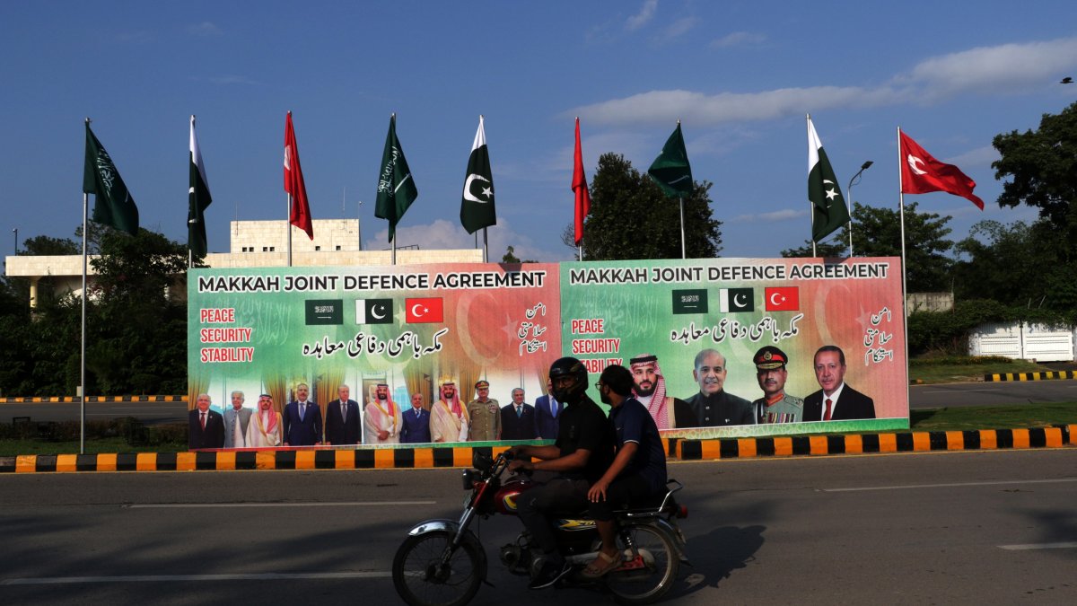 Billboards featuring Crown Prince and Prime Minister of the Kingdom of Saudi Arabia, Mohammed bin Salman; Pakistan's Prime Minister, Muhammad Shehbaz Sharif; Turkish President, Recep Tayyip Erdoğan; and Pakistan's Chief of Army Staff, Field Marshal Asim Munir, are displayed on a road in Islamabad, Pakistan, Aug. 8, 2026. (EPA Photo)