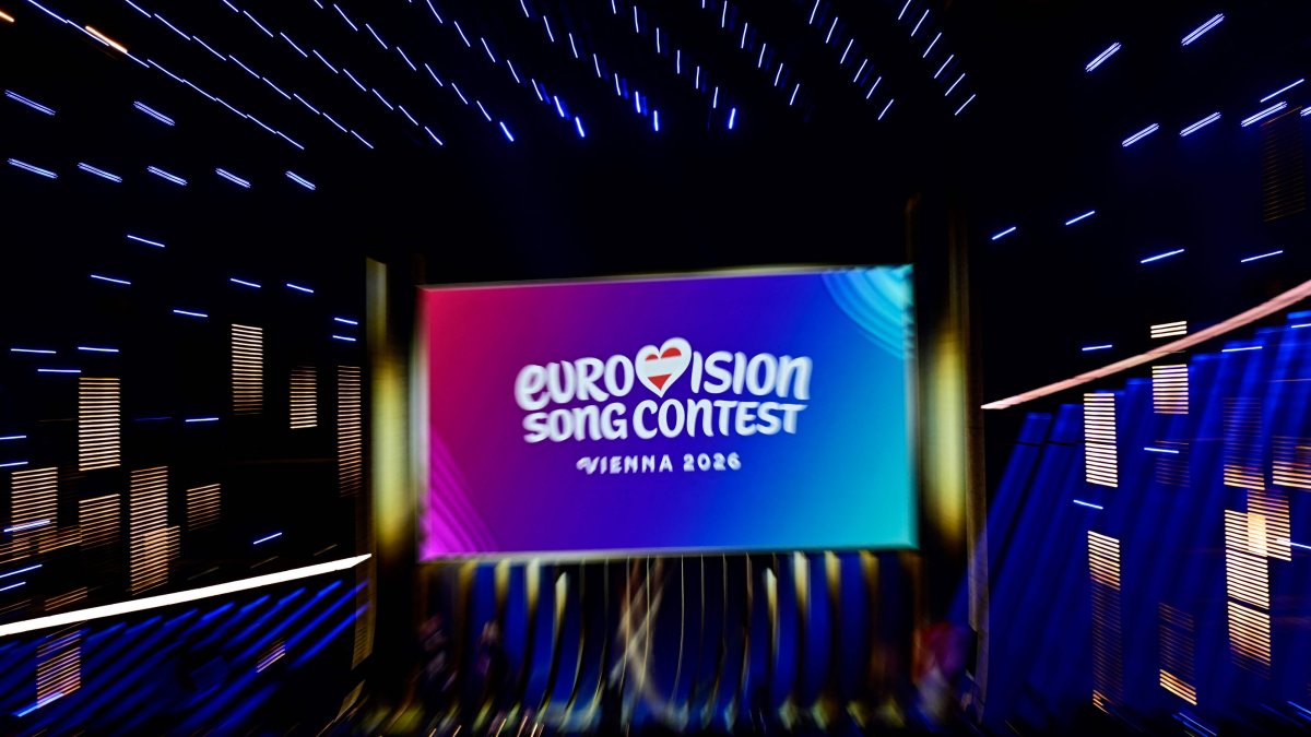 The Eurovision Song Contest logo is displayed prior to the first semi-final of the Eurovision Song Contest 2026 (ESC) at Wiener Stadthalle in Vienna, Austria on May 12, 2026. (AFP File Photo)