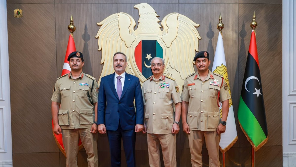 Foreign Minister Hakan Fidan meets Libyan National Army commander Khalifa Haftar and deputy commander Saddam Haftar in Benghazi, Libya, Aug. 12, 2026. (AA Photo)