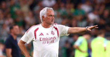 Real Madrid coach Jose Mourinho reacts during the pre-season friendly match against Ferencvaros at Groupama Arena, Budapest, Hungary, Aug. 8, 2026. (Reuters Photo)