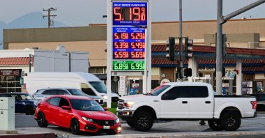 Drivers pull their vehicles in and out of a gas station in La Puente, California, U.S., Aug. 7, 2026. (AFP Photo)
