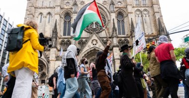 Pro-Palestinian protesters walk from Columbia University down to Hunter College as protests at area universities and colleges continue in New York City, U.S., May 06, 2024. (Getty Images Photo)