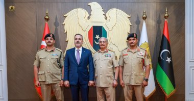 Foreign Minister Hakan Fidan meets Libyan National Army commander Khalifa Haftar and deputy commander Saddam Haftar in Benghazi, Libya, Aug. 12, 2026. (AA Photo)